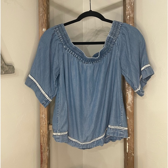 Alya Tops - Francescas Alla Off the Shoulder Chambray Denim Blouse
